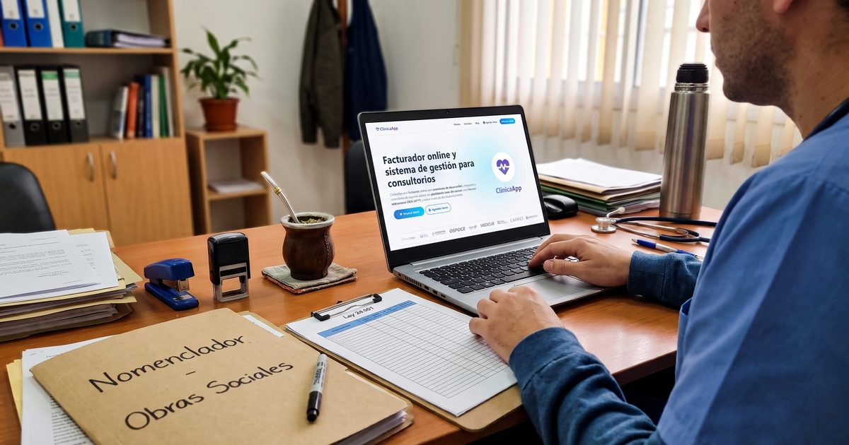 Profesional de la salud en su consultorio gestionando la facturación de discapacidad (Ley 24.901) con ClinicaApp